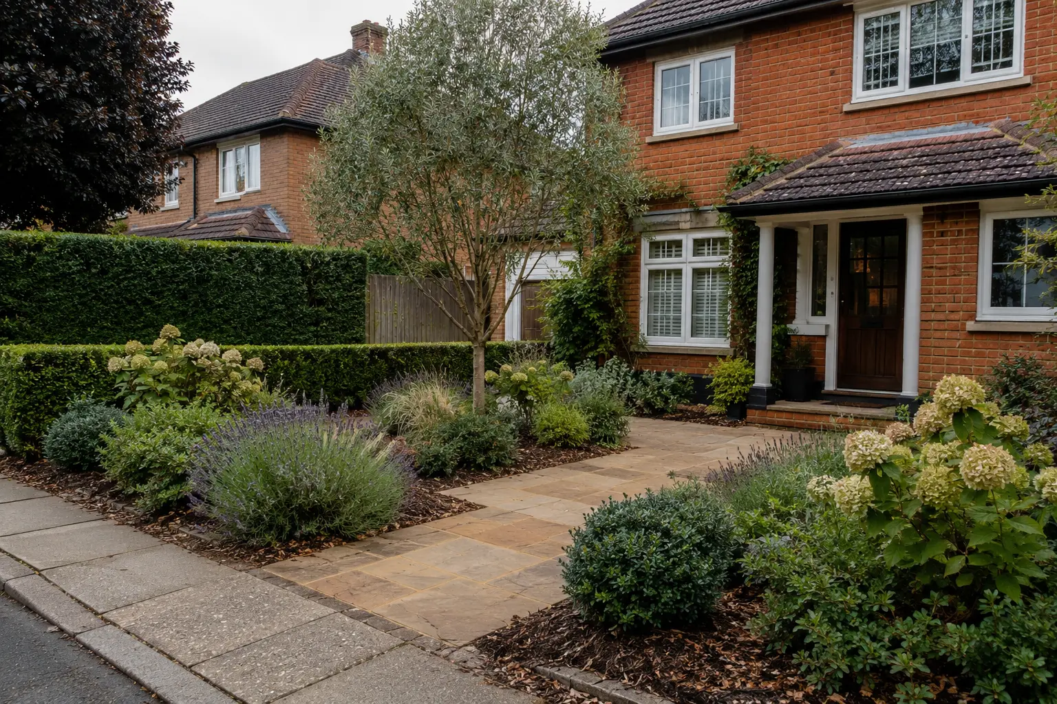 A front garden in Surrey with clipped hedging, lavender and a natural stone path