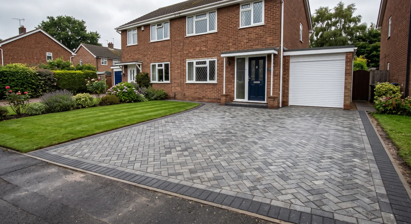 A premium grey block paving driveway laid in a herringbone pattern with a dark charcoal border, alongside a manicured lawn in front of a red brick residential home.