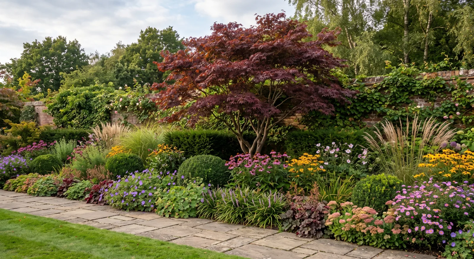 Trees, shrubs, perennials and grasses combined in a layered garden planting scheme