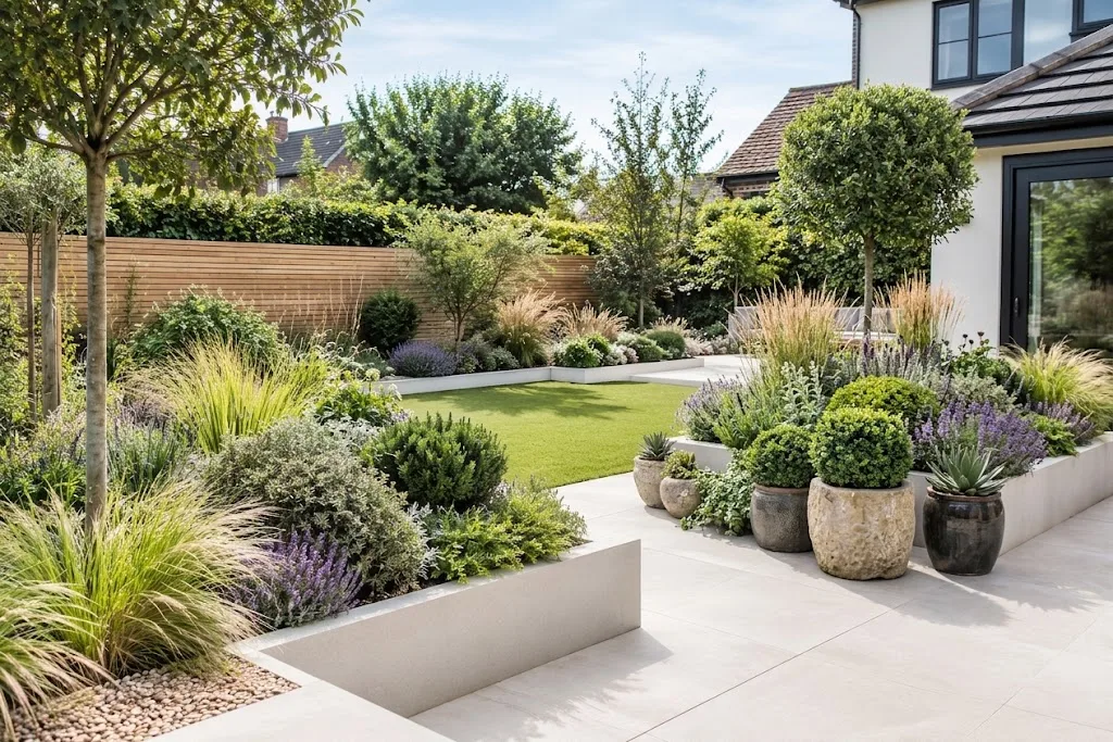 Modern, low-maintenance garden design featuring smooth porcelain paving, crisp raised planters, and a cluster of structural potted plants in a UK residential setting.