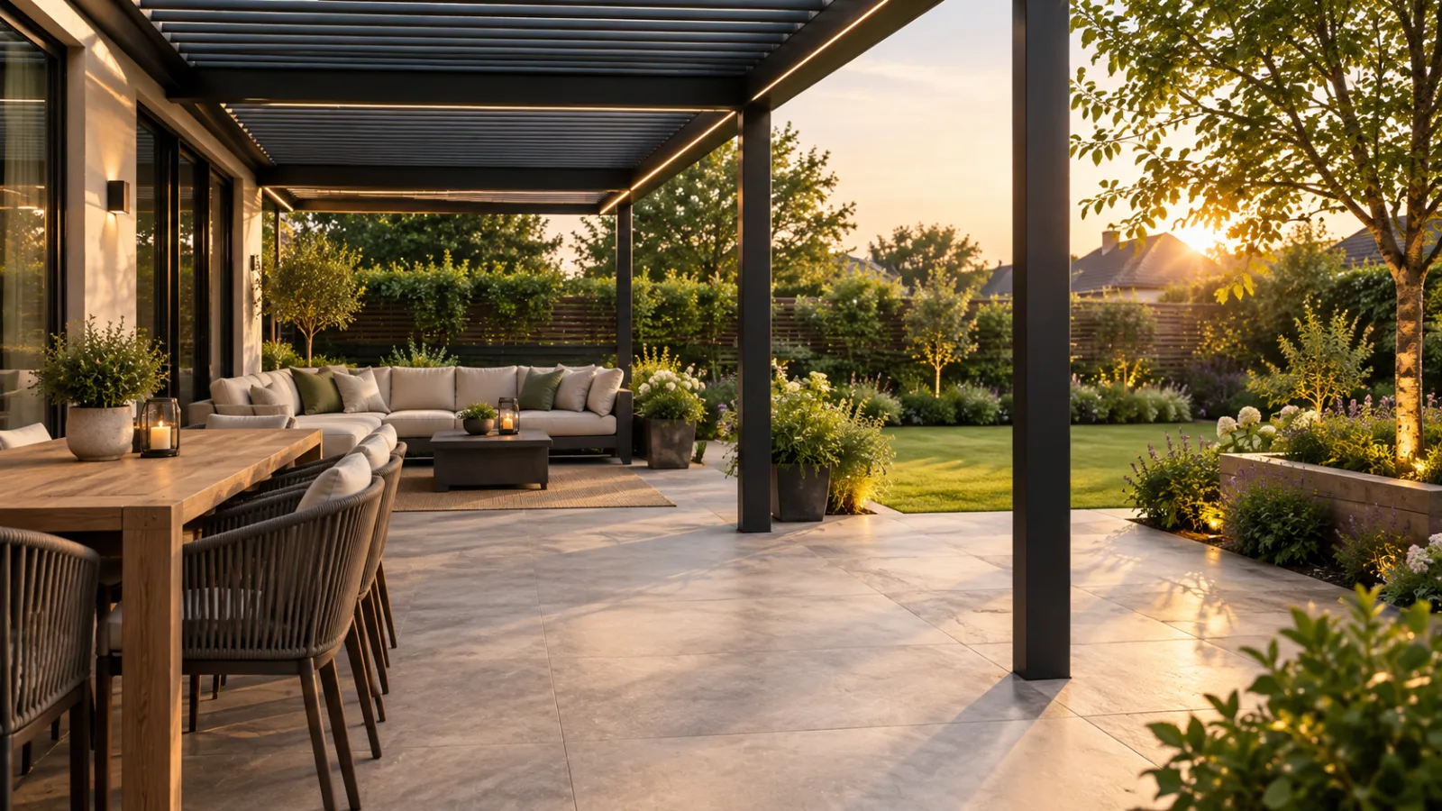 Contemporary UK patio with porcelain paving, pergola, outdoor dining area and landscaped garden