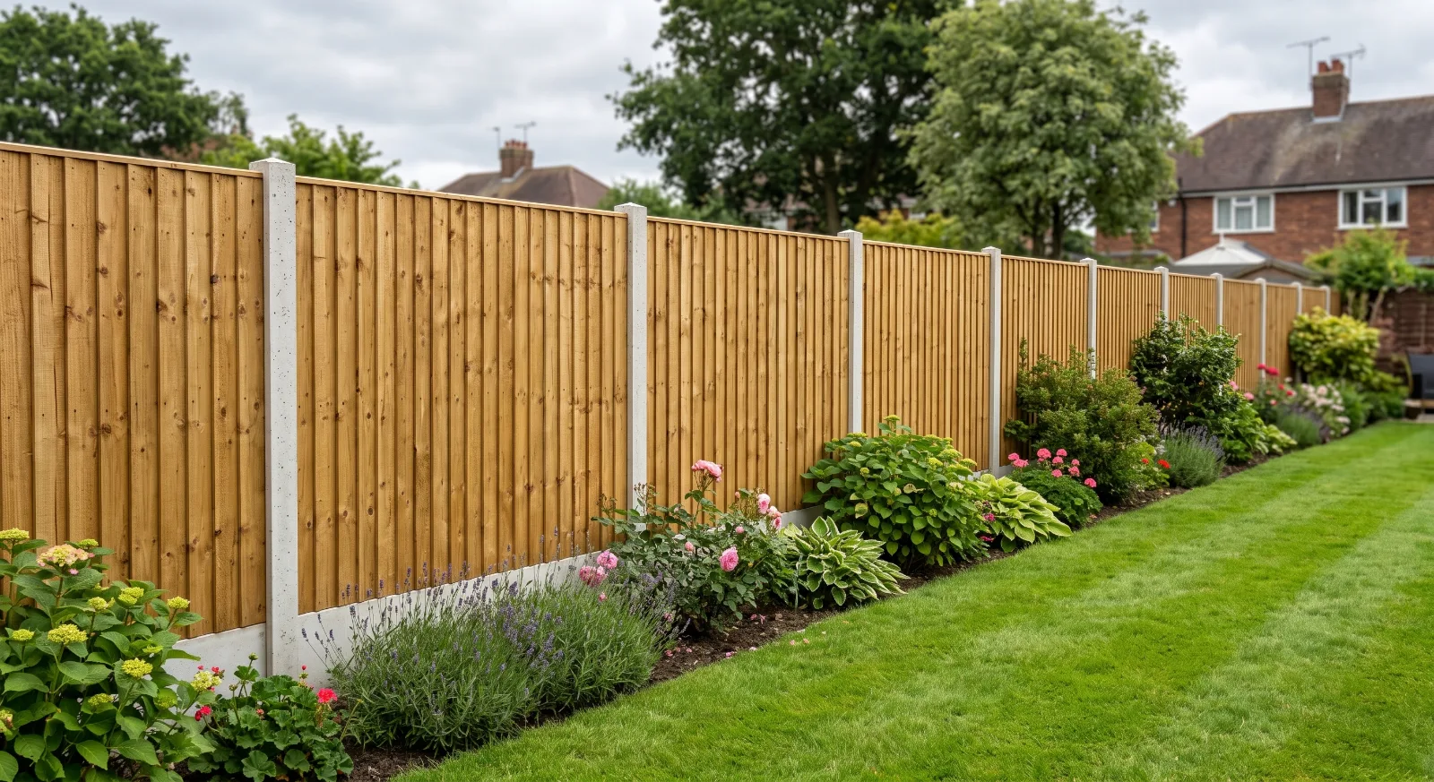 A sturdy, newly installed timber fence with concrete slotted posts, featuring a vibrant garden border of lavender, pink roses, and shrubs alongside a freshly mowed lawn.