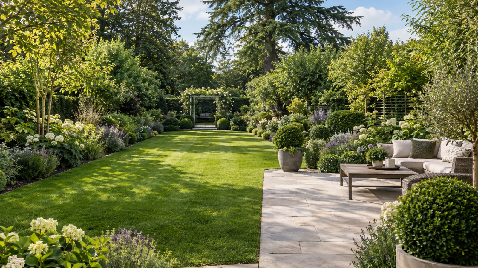Elegant Surrey garden transformation with lawn, natural stone patio, layered planting and outdoor seating