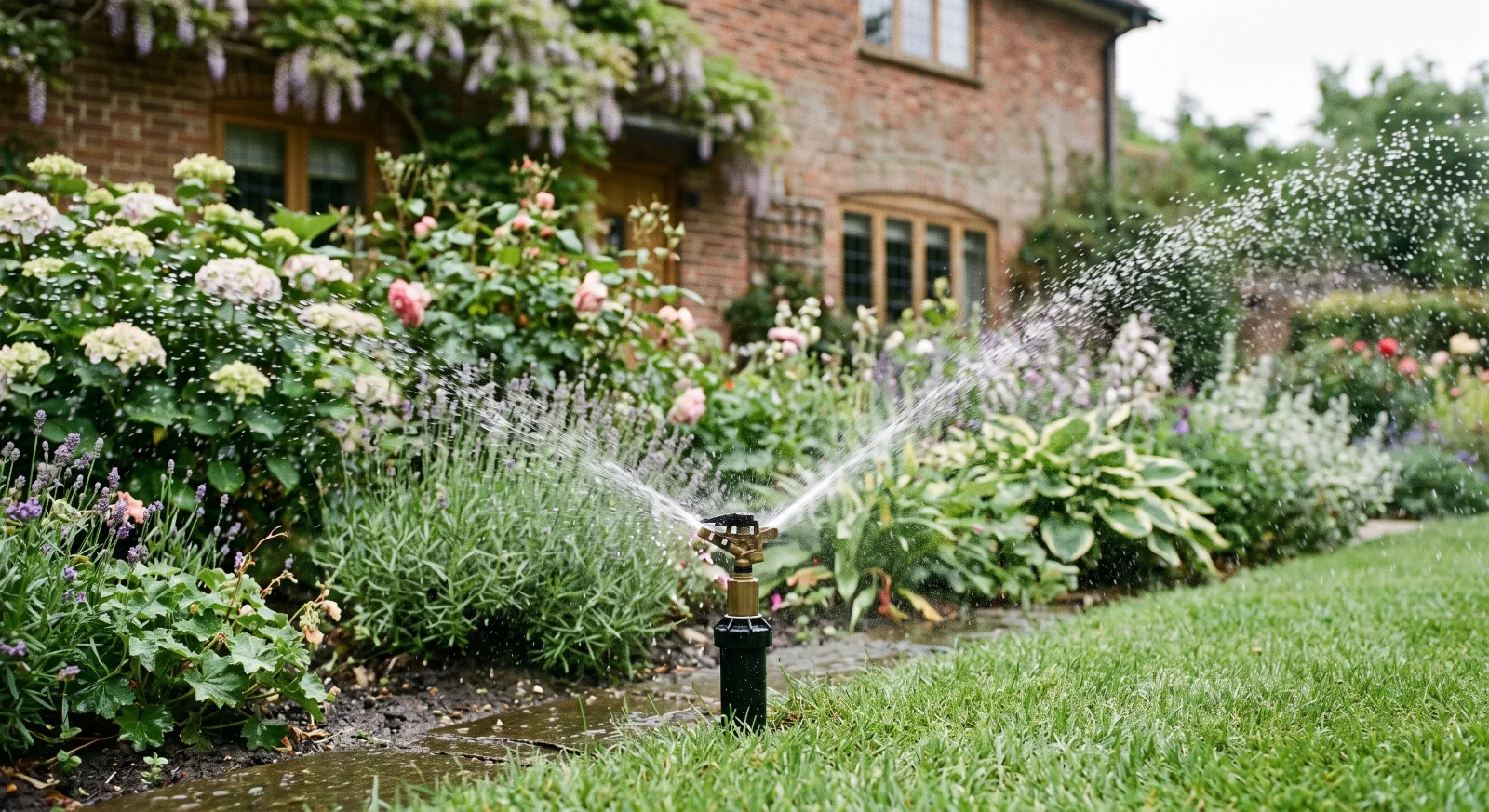 A brass impact sprinkler watering a lawn and flower beds, demonstrating an effective irrigation system for a traditional UK garden.