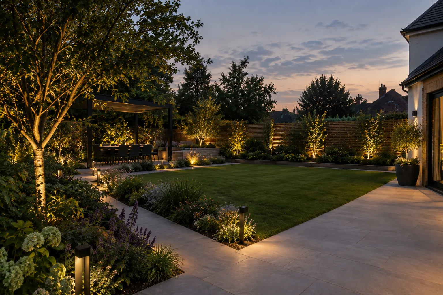 Architectural garden lighting illuminating trees, planting beds, paths and a patio in a Surrey garden at dusk.
