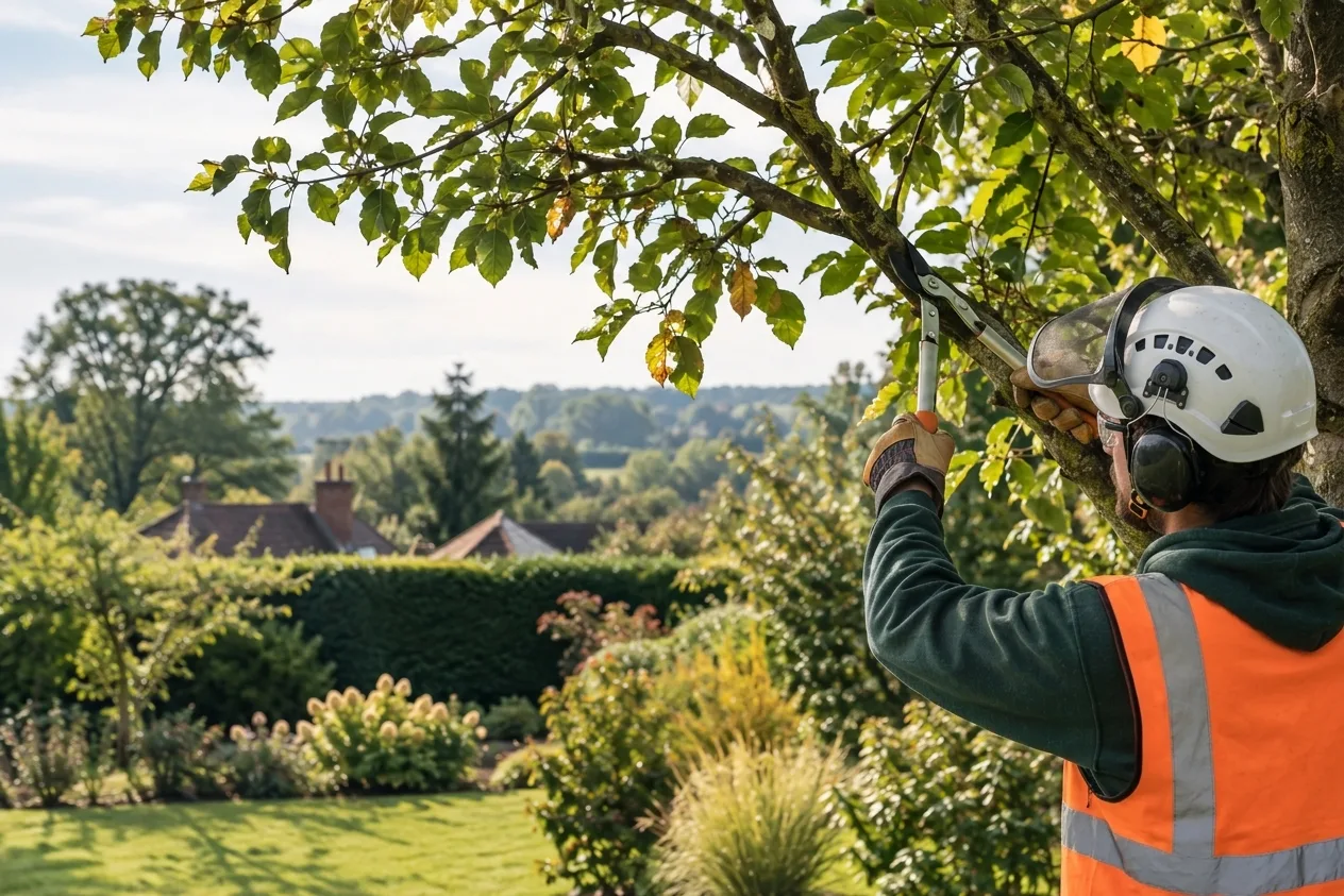 A gardener wearing safety gear, including a hard hat, ear defenders, and a high-visibility vest, using long-handled loppers to prune a tree branch in a sunny residential garden.