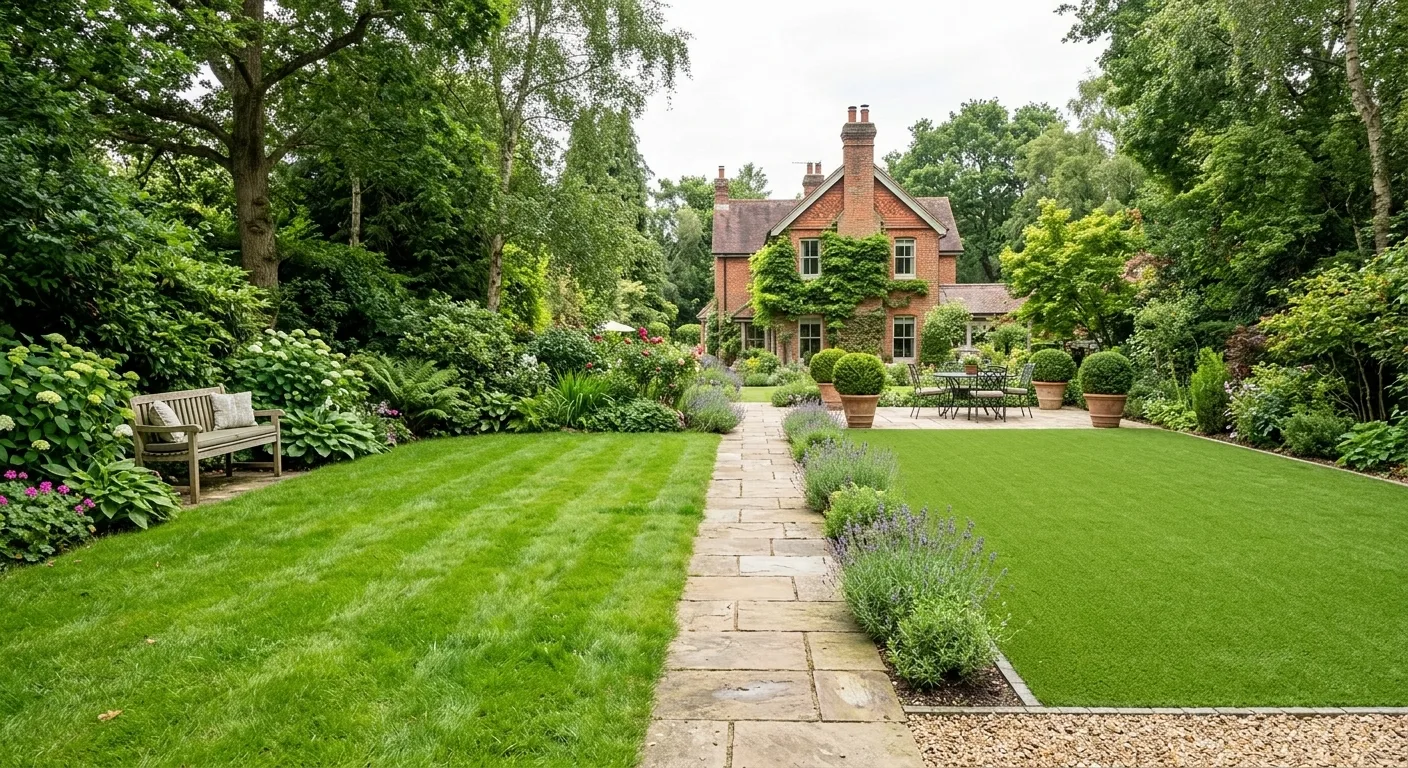 High-end Surrey garden design comparing a natural grass lawn on the left with a uniform artificial grass installation on the right, separated by a natural stone pathway.