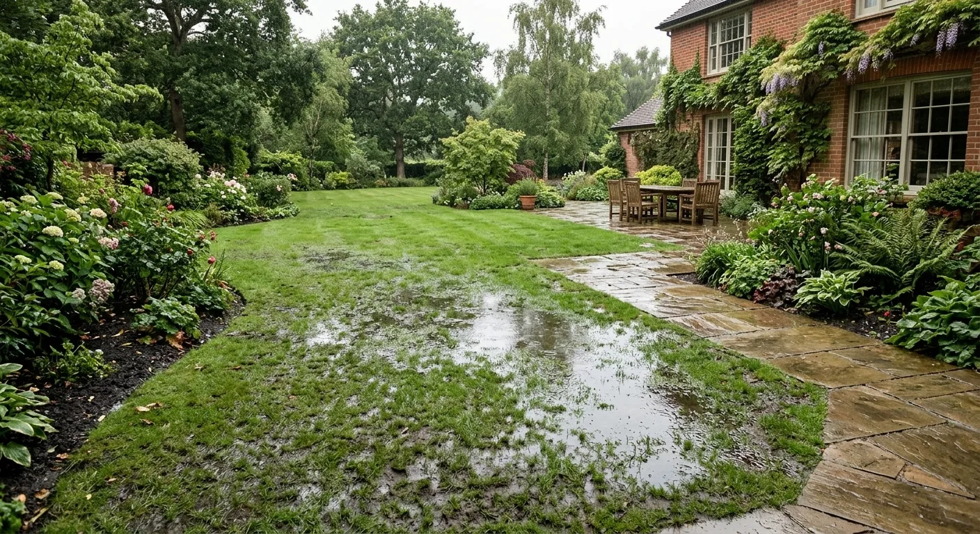 A waterlogged natural grass lawn with large puddles and muddy patches in a Surrey residential garden, demonstrating common drainage issues after heavy UK rainfall.