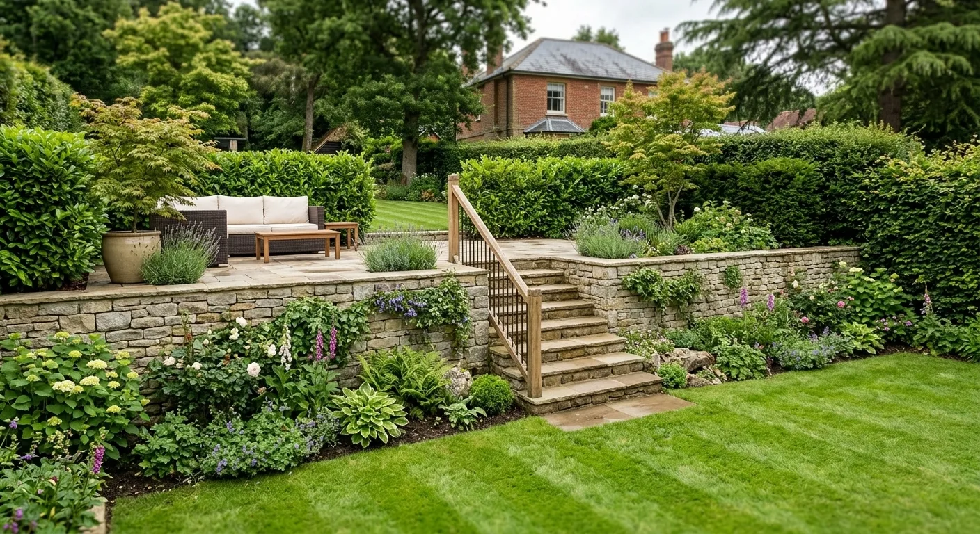 A high-end multi-level Surrey garden design featuring a professionally constructed natural stone retaining wall and steps, connecting a raised stone patio to a manicured lower lawn.