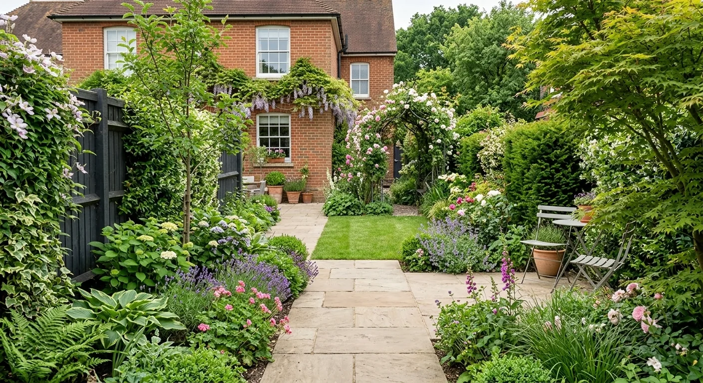 A photorealistic small Surrey garden designed to feel spacious. Consistent stone paving forms a path drawing the eye towards a distant water feature at the far end, bordered by layered boundary shrubs, climbing greenery, and a small seating area under soft British daylight.