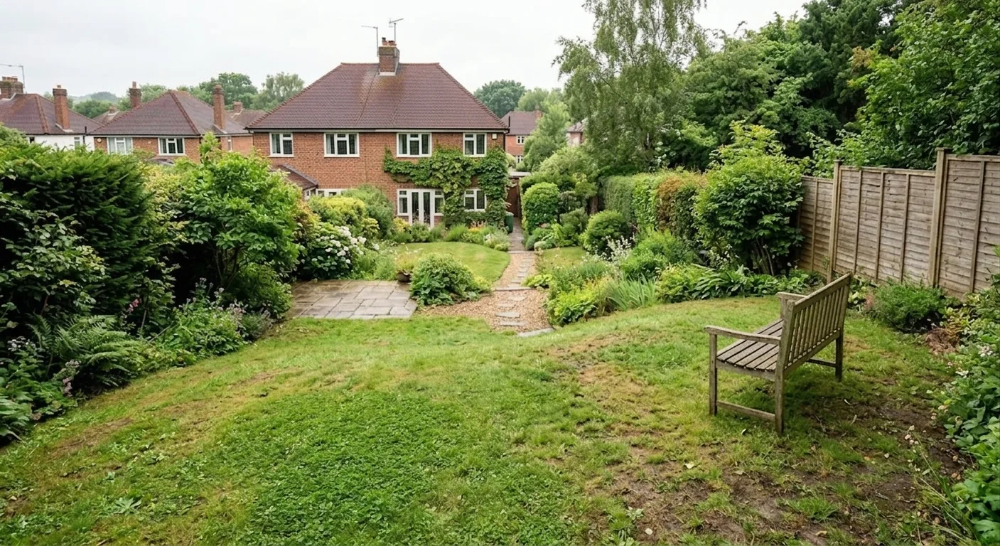 A view looking down a steep, sloping green backyard in a British suburb towards traditional brick houses under an overcast sky, with a weathered wooden bench on the hill to the right.