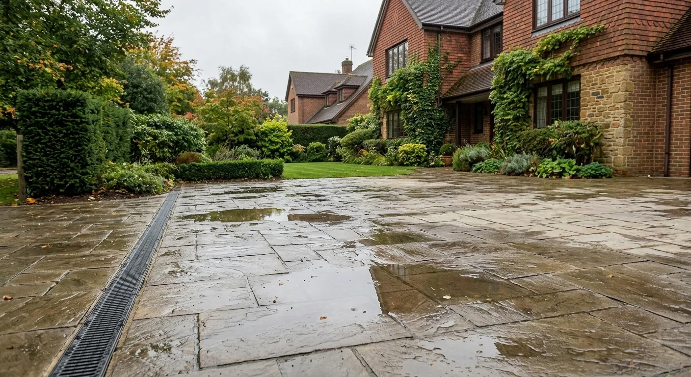 A paved residential stone driveway after heavy rain, featuring shallow puddles of standing water and a discreet linear channel drain installed along the edge, with a traditional brick British house and mature garden in the background.