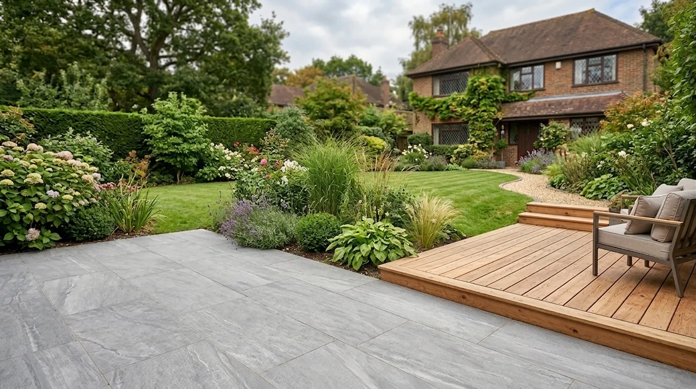 An empty, grey stone patio leads to a raised wooden deck with an armchair, adjacent to a lush English garden and traditional brick house under a cloudy sky