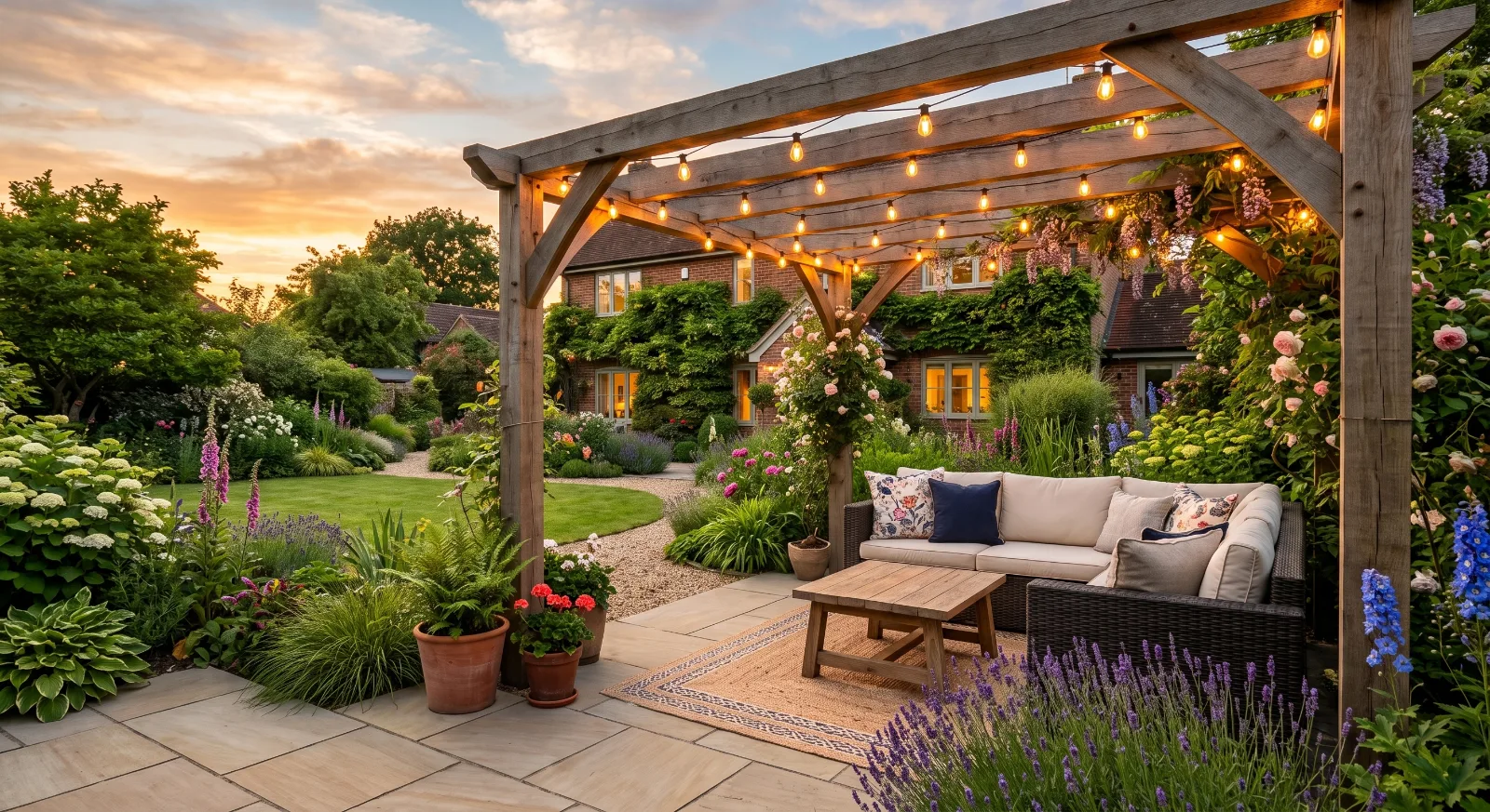 A warm stone patio featuring a wooden pergola with string lights and an outdoor sofa, surrounded by lush floral borders and a winding gravel path leading to a traditional brick house at sunset.