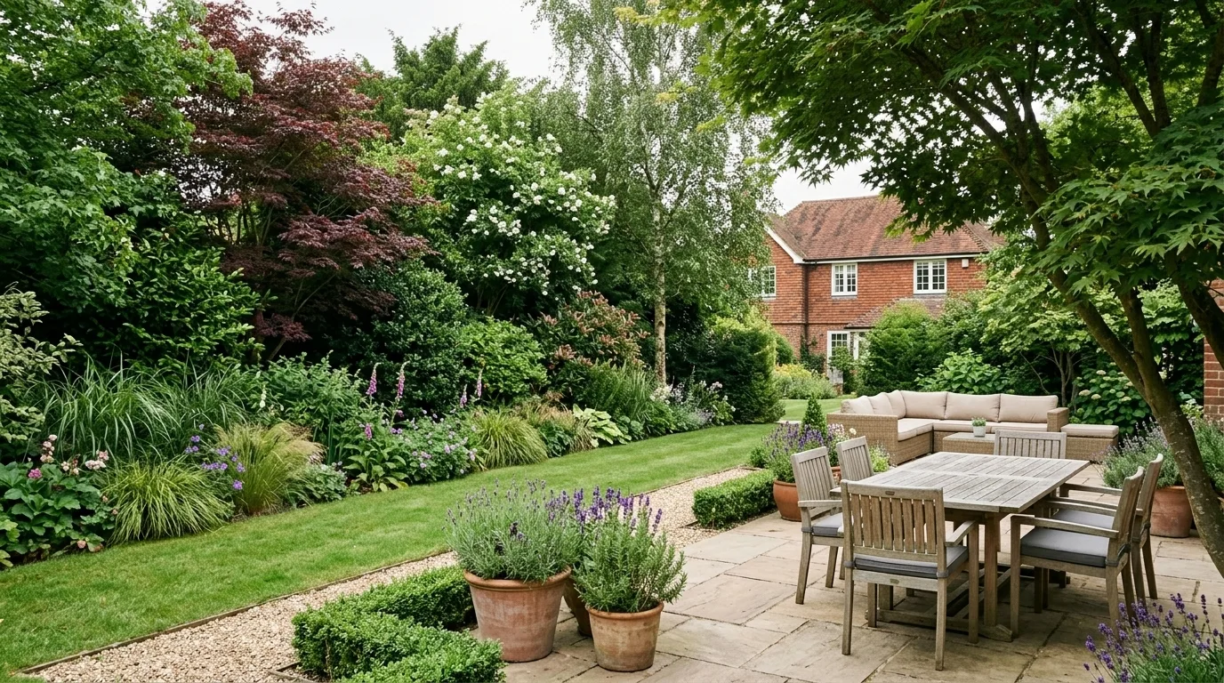 A stone patio featuring a wooden dining set and potted lavender in the foreground, bordered by a sweeping lawn and dense, layered trees and shrubs that provide natural privacy, with a traditional brick house visible in the background.