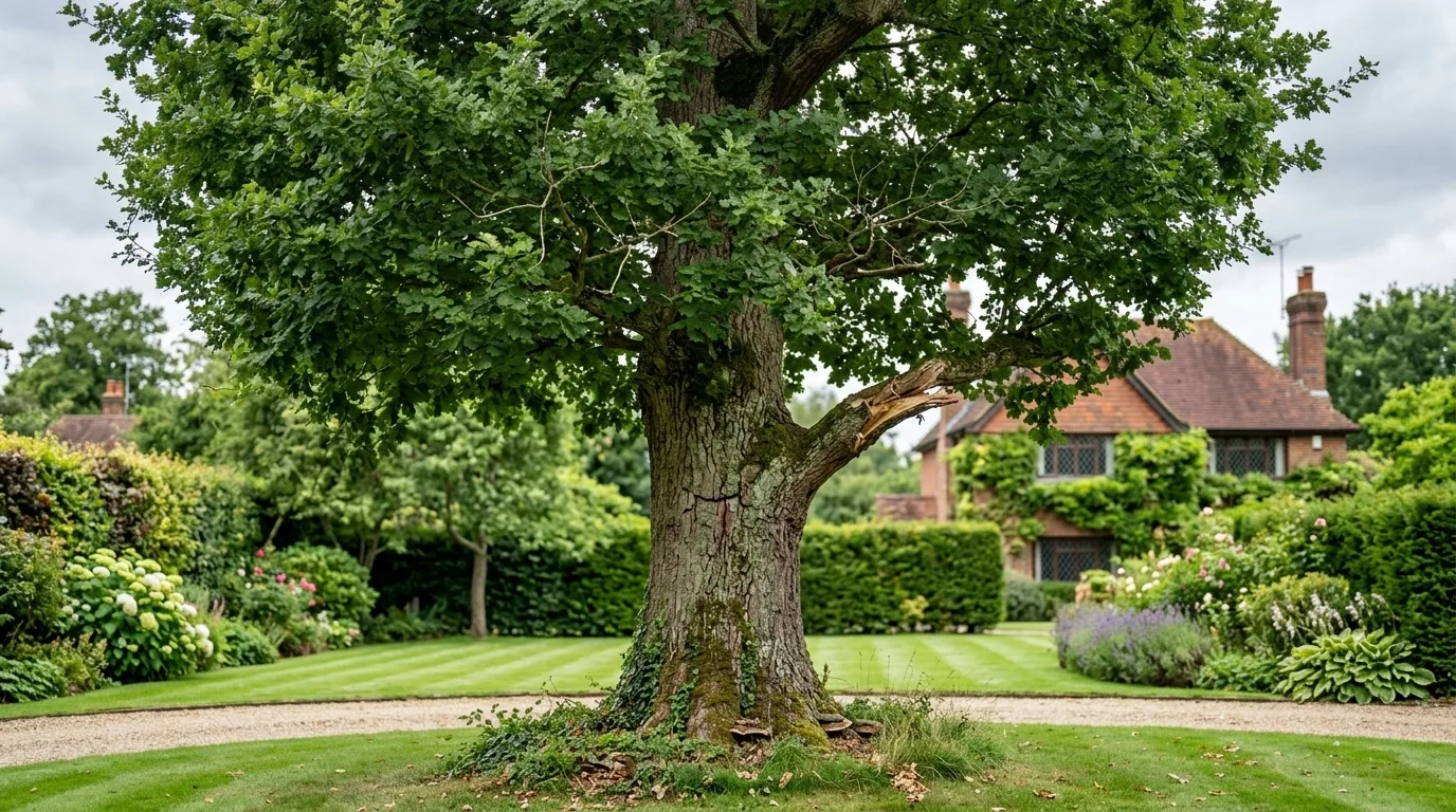 A mature tree in a landscaped garden showing subtle signs of damage, including a broken branch and fungal growth at the base, standing on a manicured lawn with a traditional brick house in the background.