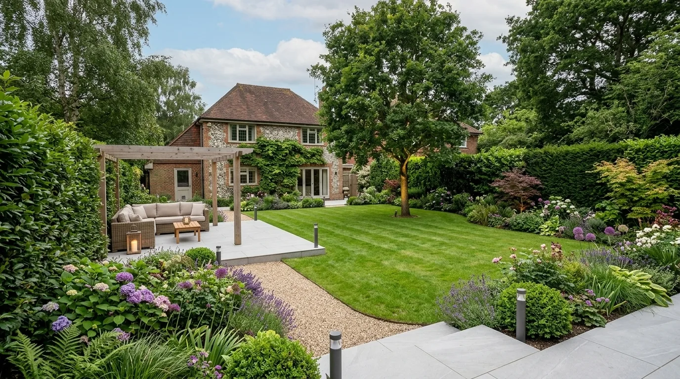 A fully landscaped garden featuring a spacious porcelain patio with outdoor seating, a manicured lawn, and lush planting borders, with a traditional brick house in the background