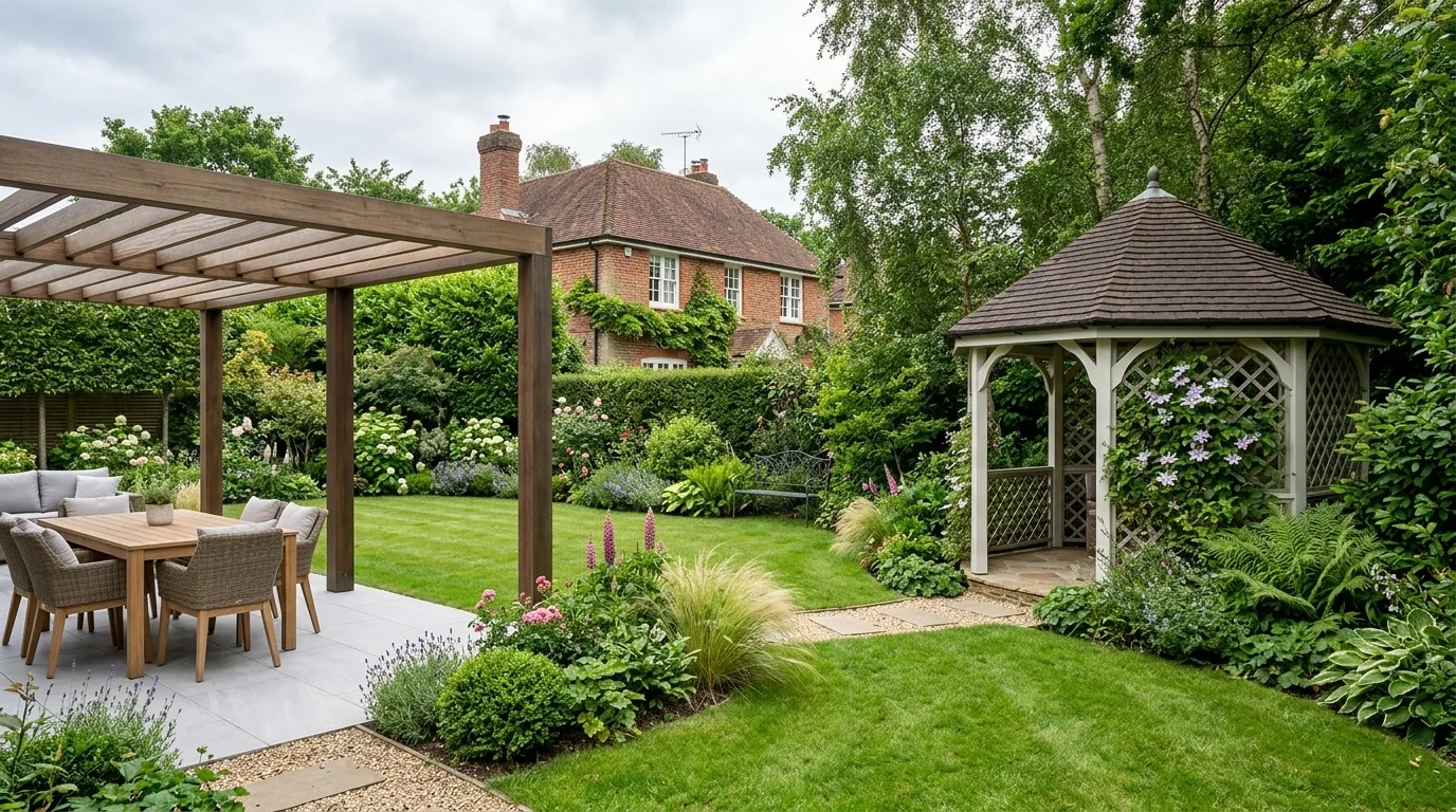 Modern timber pergola on a porcelain patio alongside a traditional gazebo in a landscaped Surrey garden with a brick house in the background.