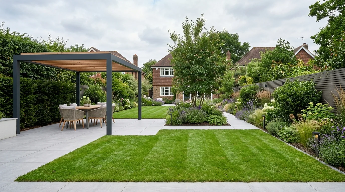 Landscaped Surrey garden featuring light porcelain paving, a dark modern pergola, fresh lawn, and layered shrub borders leading to a brick house.