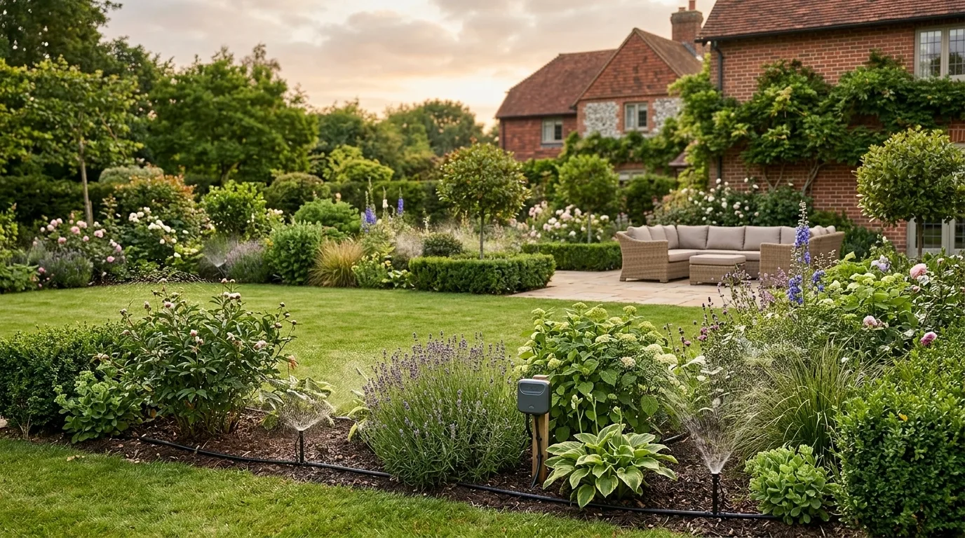 A small modern irrigation controller and fine water spray are visible among the plants, with a pristine lawn, elegant patio seating, and a traditional brick house in the background.