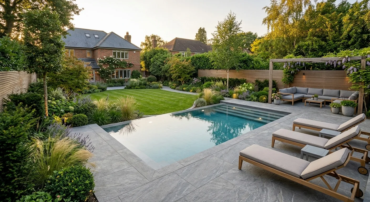 A modern residential swimming pool surrounded by grey paving, sun loungers, a manicured lawn, and lush landscaping, with a brick house in the background.