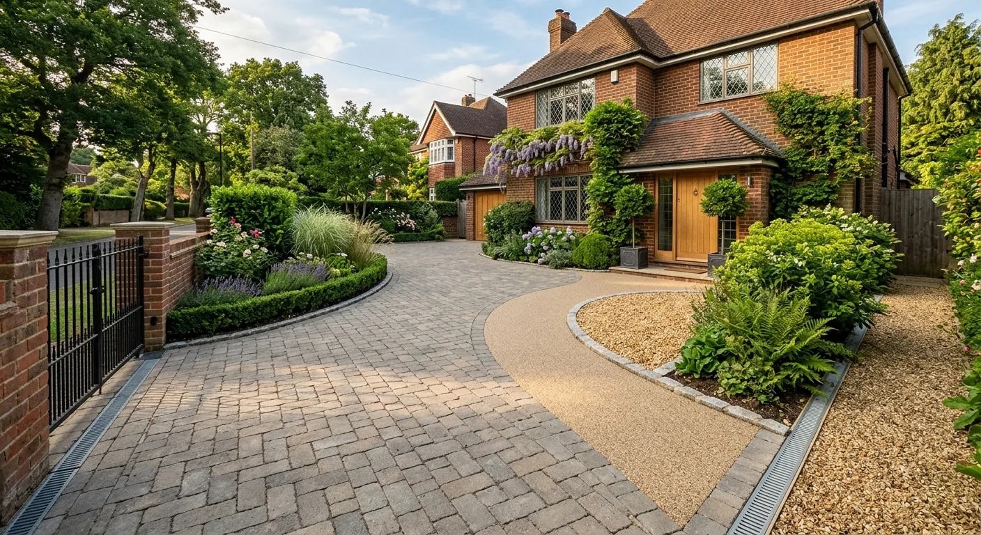 A premium landscaped driveway of a brick house featuring a mix of grey block paving, resin-bound aggregate, and natural gravel, bordered by lush plants and a low brick wall