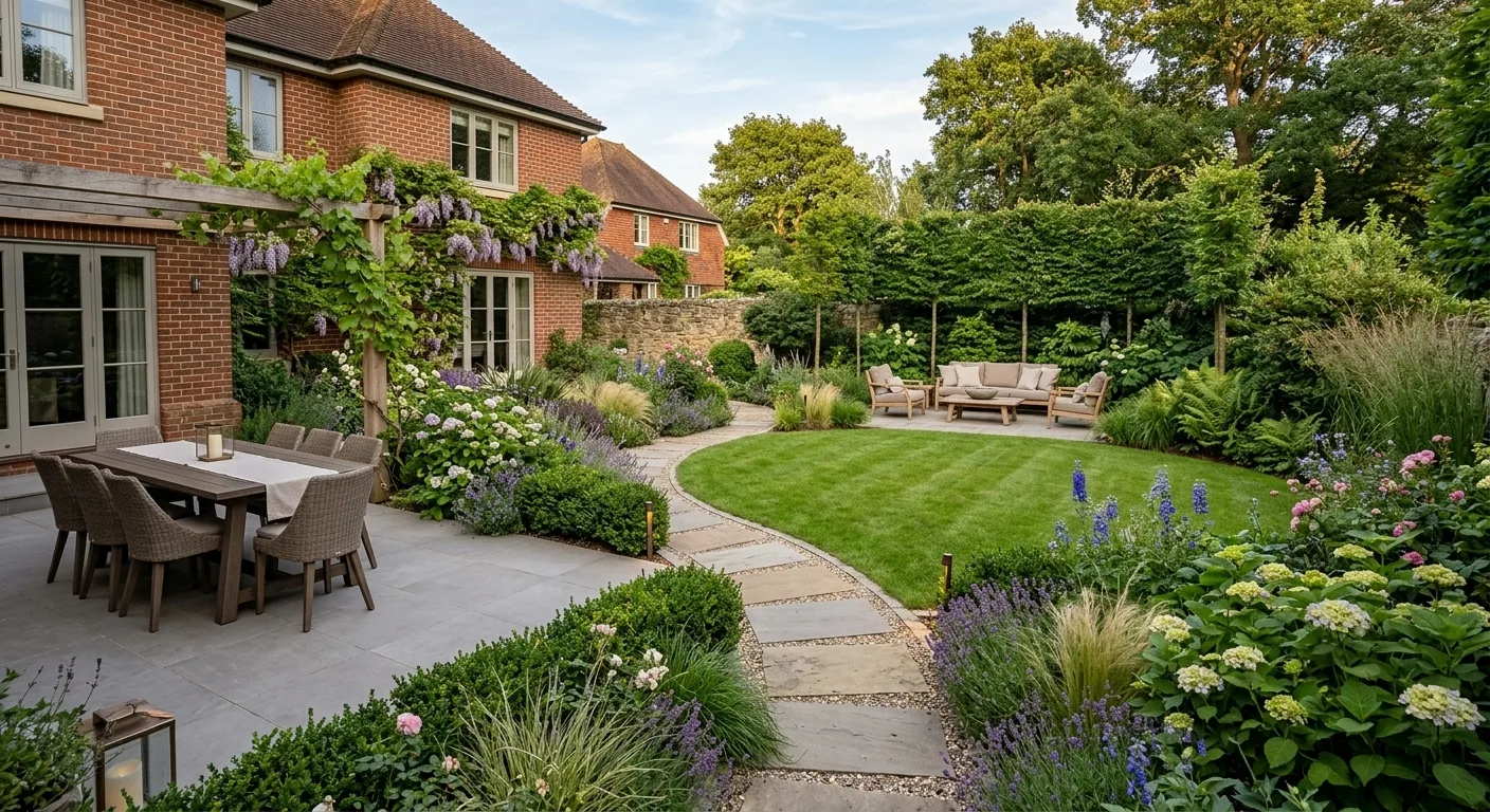 A multi-zone residential garden with a patio dining area, curving stone path, central lawn, and a secluded seating space among lush plants.