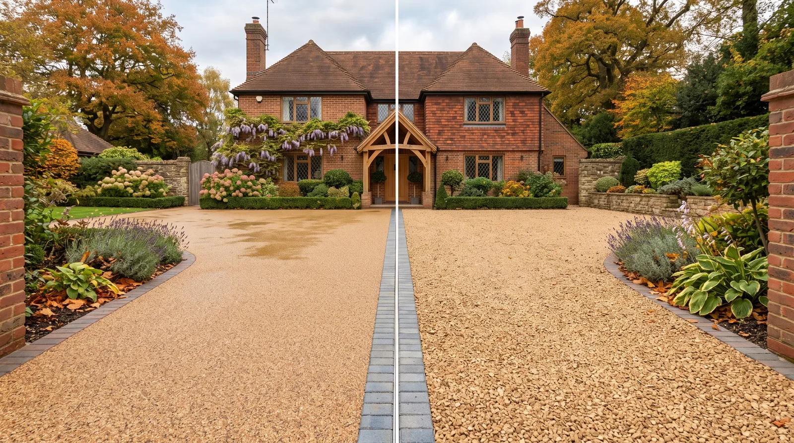 A side-by-side comparison of two driveway surfaces in front of a traditional UK brick home. The left side shows a smooth, seamless resin-bound surface, while the right side displays a textured, granular resin-bonded surface, highlighting the visual differences between the two finishes.