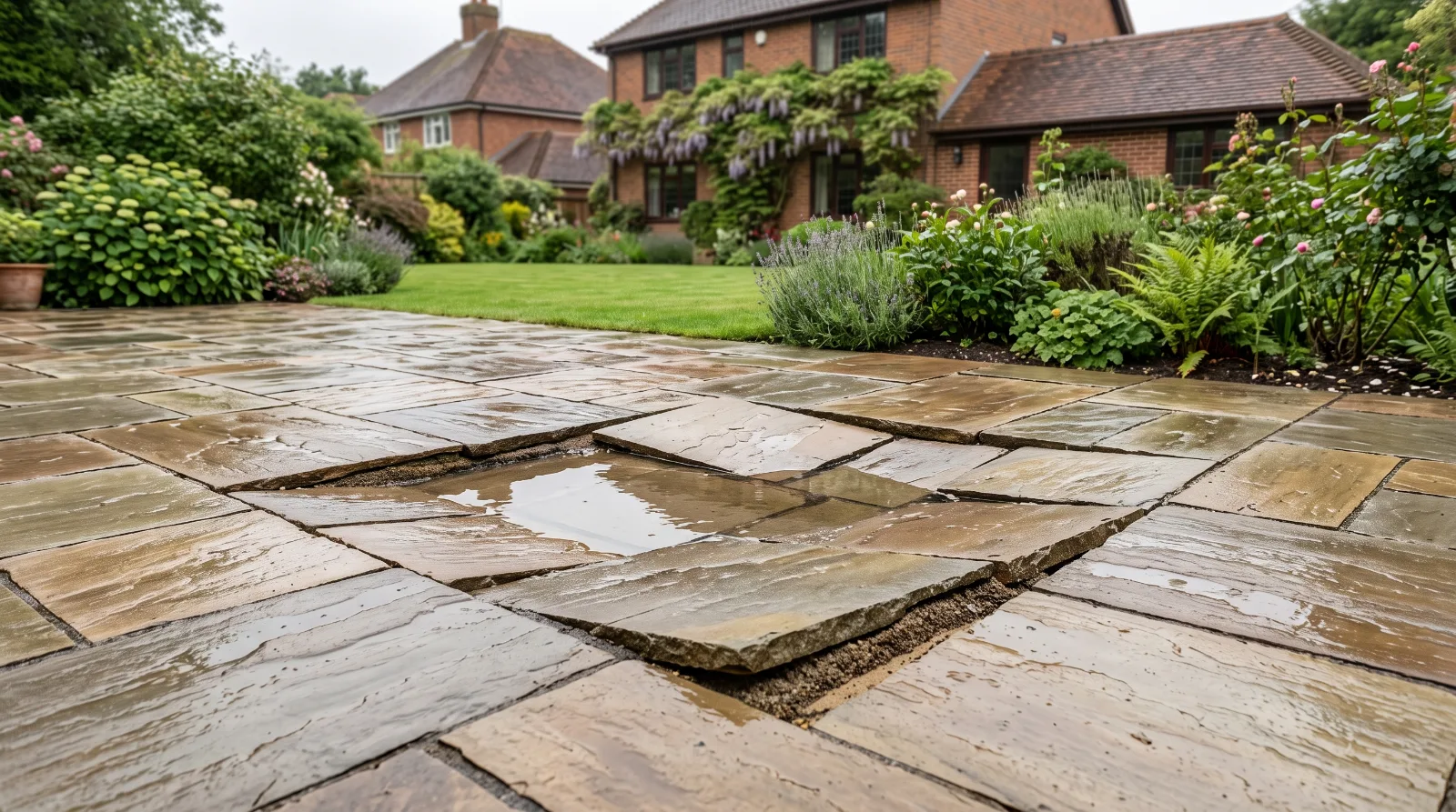 A residential natural stone patio with a sunken, uneven section collecting rainwater and exposing the underlying sub-base.