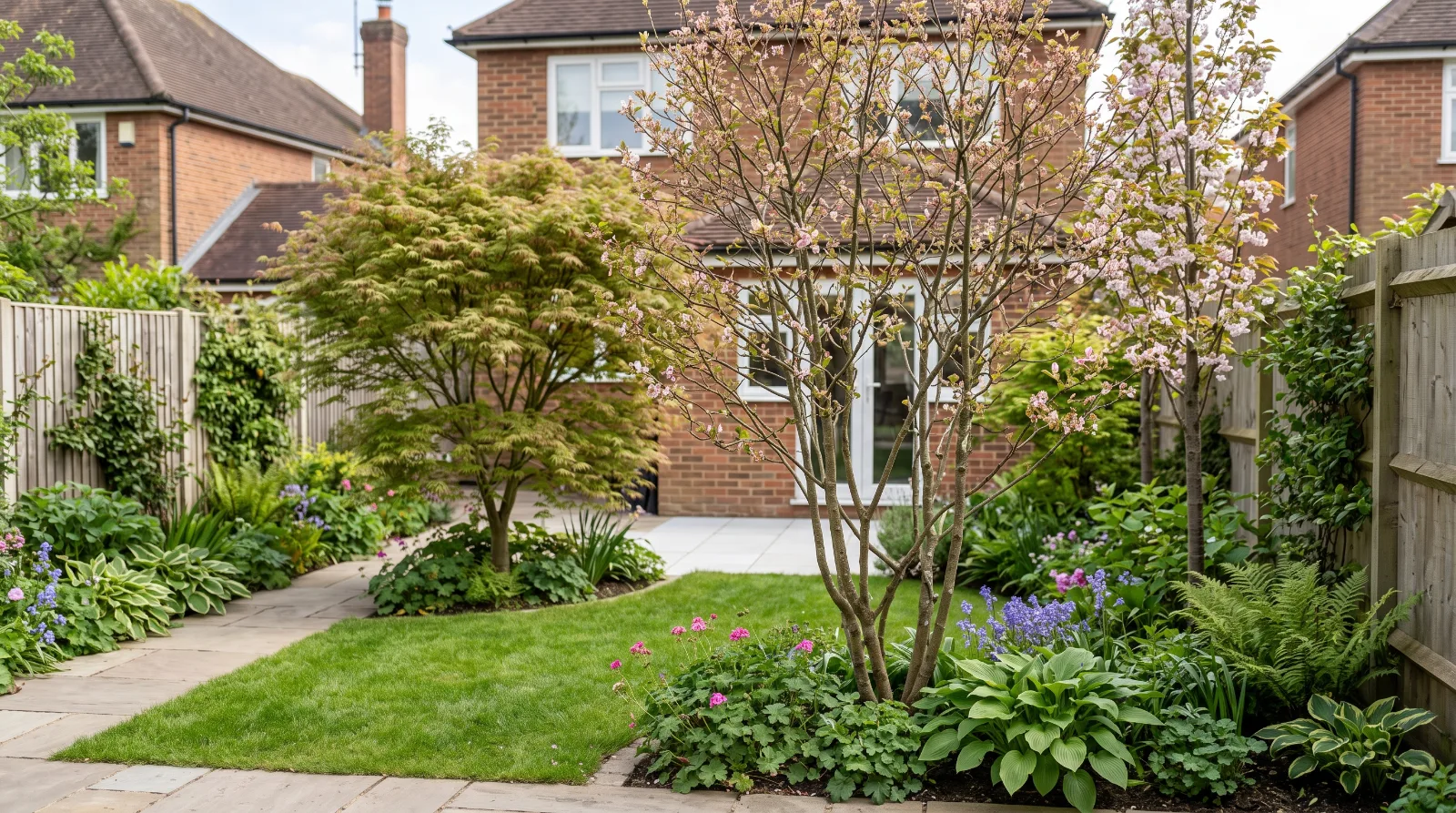 A small, well-landscaped residential garden featuring compact ornamental trees, a neat lawn, and planted borders behind a traditional brick home.
