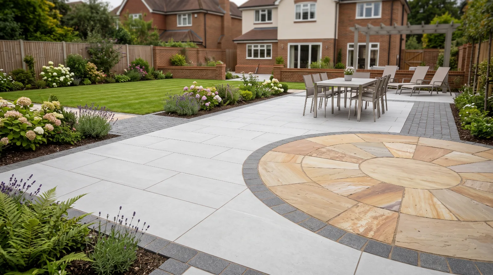 A modern residential garden featuring a sleek, light-coloured patio with a contrasting dark stone border, set alongside a manicured lawn, planting beds, and a traditional brick home.