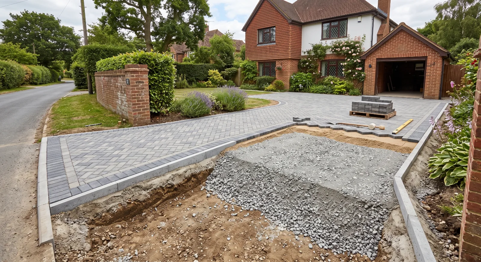 Partially completed UK block paving driveway showing exposed foundation layers transitioning to a finished surface