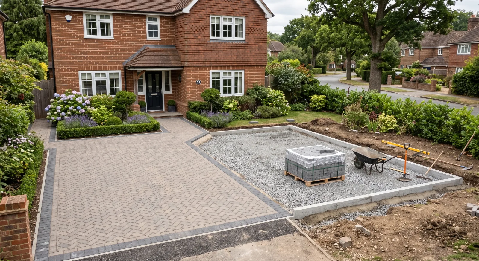 A partially completed warm-grey block paving driveway at a UK residential home, featuring a finished paved section alongside a prepared stone sub-base with stacked materials