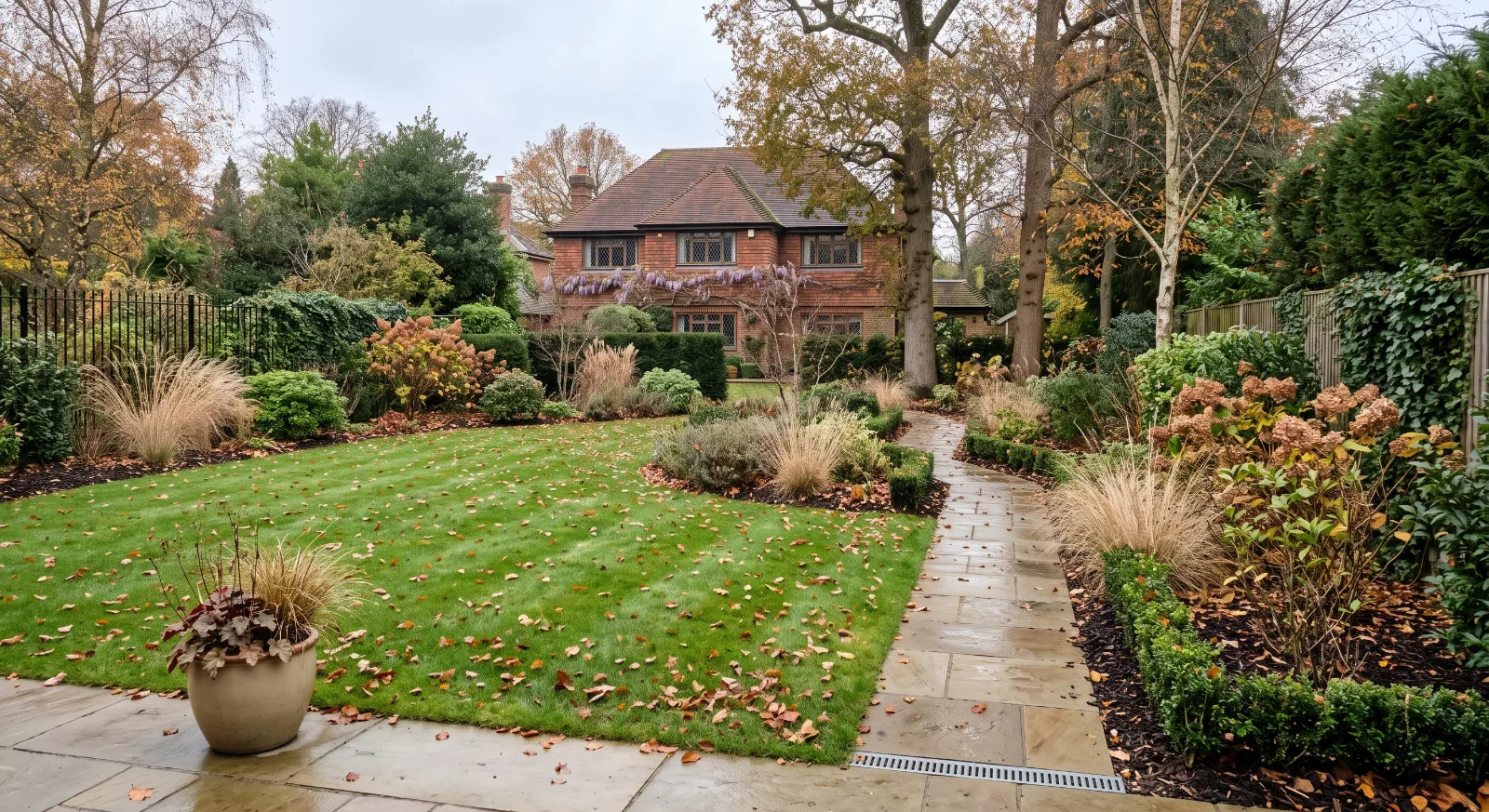 A well-maintained Surrey residential garden prepared for winter, featuring a lawn scattered with autumn leaves, a damp stone pathway, freshly mulched borders, and a traditional red brick house in the background