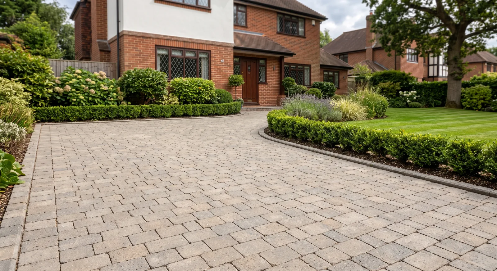 A clean, well-maintained block-paved driveway at a UK residential home with neat hedges and a lawn.