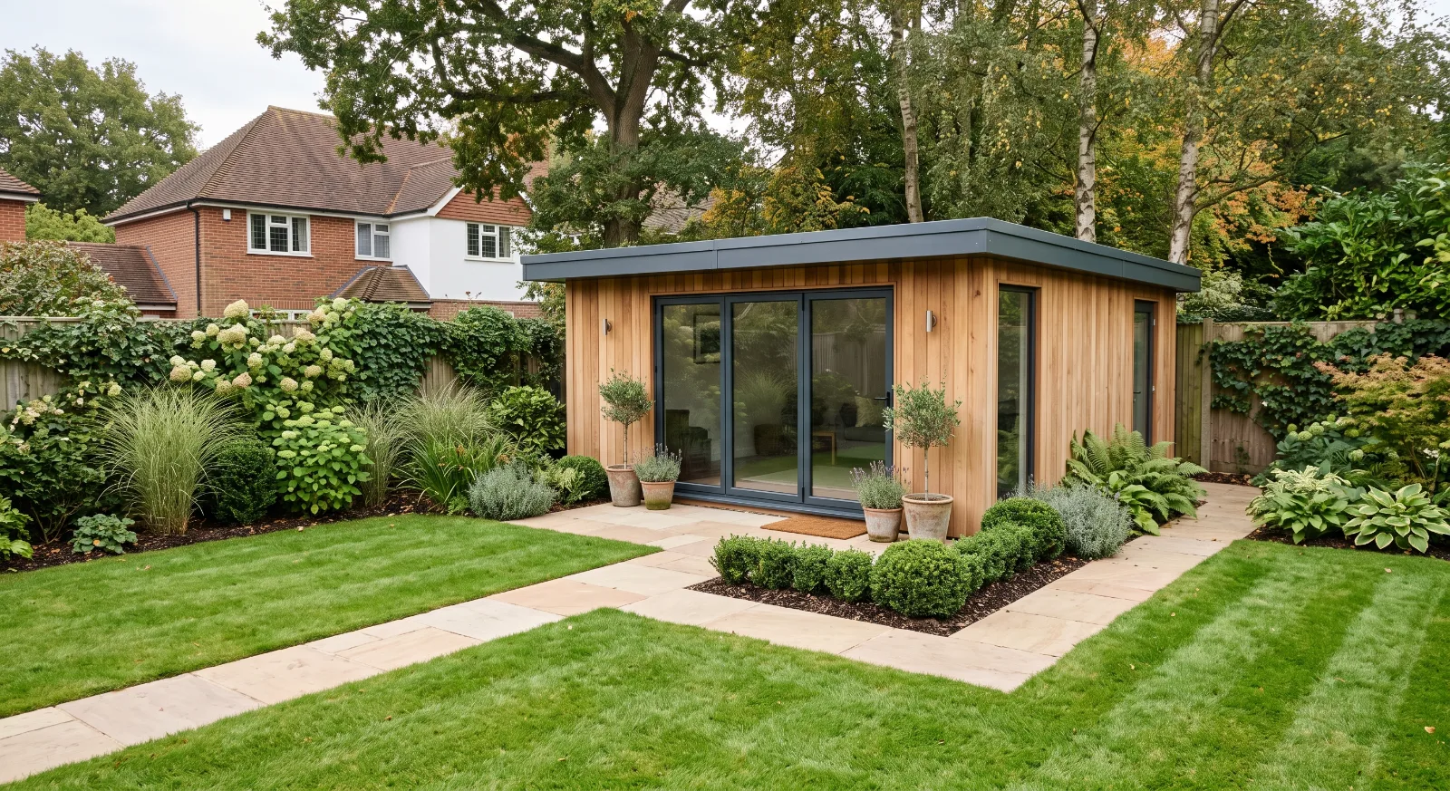 A contemporary timber-clad garden room in a well-maintained UK residential garden, featuring a neat lawn, planted borders, and a paved pathway