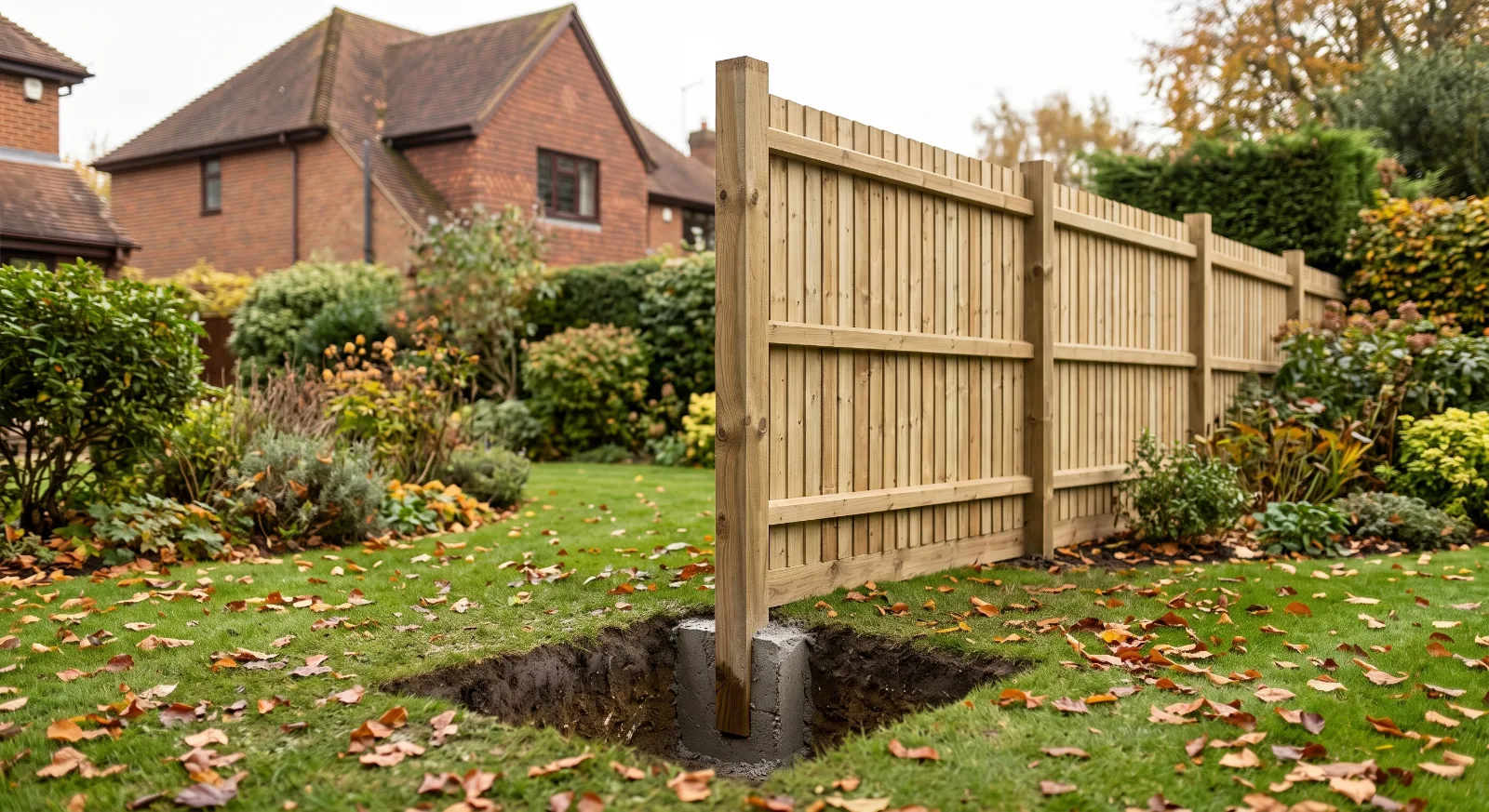 A newly installed timber fence in an autumn UK residential garden, featuring a cutaway view of the lawn that reveals the wooden fence post secured in an underground concrete footing.