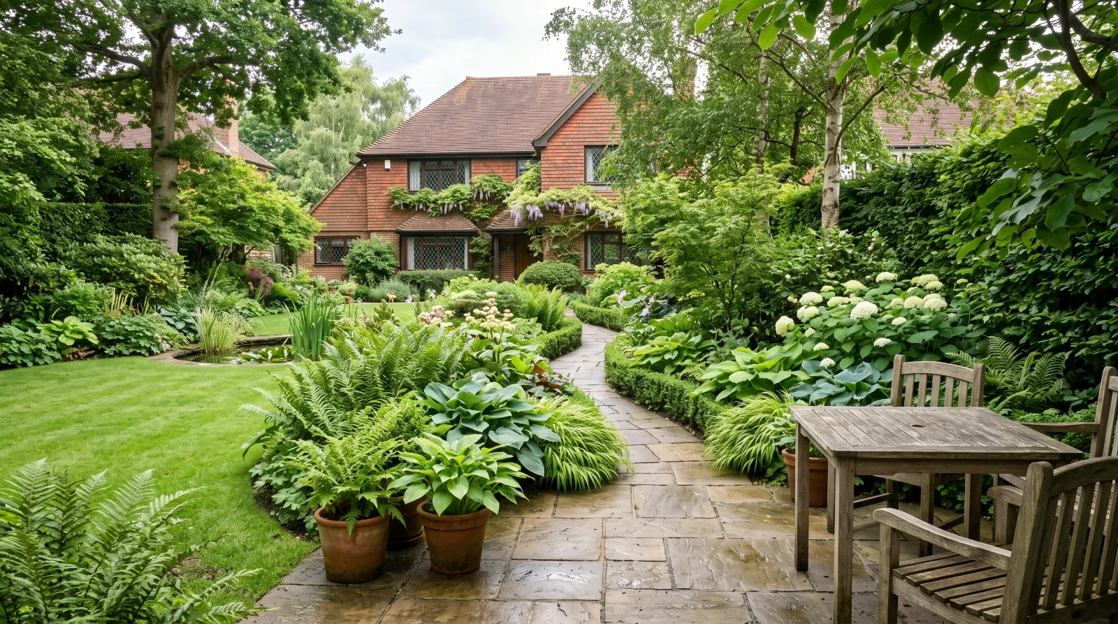 A lush, north-facing UK suburban garden featuring a paved stone pathway, a wooden patio seating area, and abundant shade-tolerant plants like ferns and hostas, with a traditional brick house in the background.