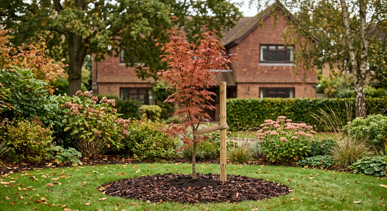 A newly planted young tree with autumn leaves, supported by a wooden stake in a circular mulch bed, set in a neat UK suburban garden with a brick house in the background.
