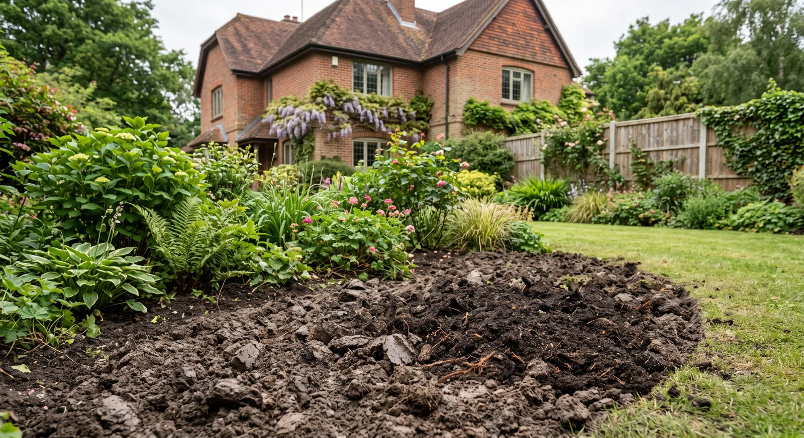 A close-up of heavy, dark clay soil freshly turned in a garden border, surrounded by mature green plants and a lawn, with a traditional red-brick UK house in the background