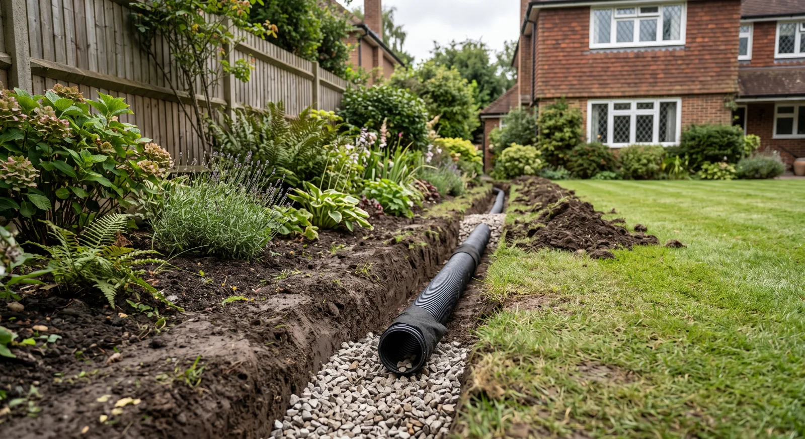 A garden drainage trench alongside a lawn and planted border, showing a black perforated drainage pipe laid on gravel, with a traditional UK brick house in the background