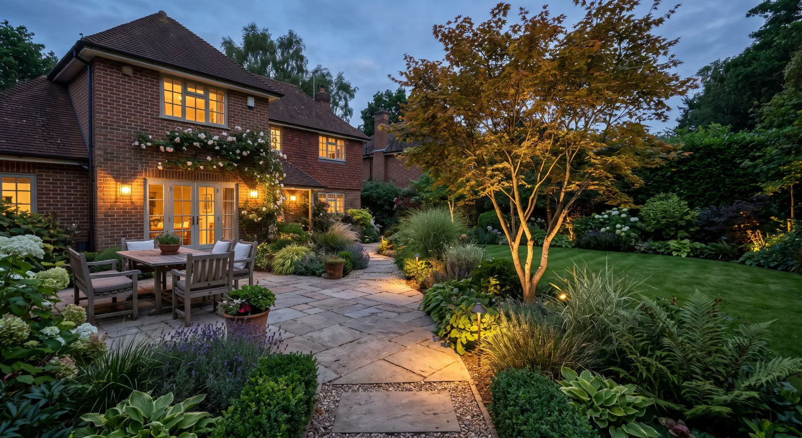 An evening view of a landscaped British garden featuring a red-brick house, stone patio seating, and warm, layered lighting illuminating the paths, plant borders, and a prominent tree.