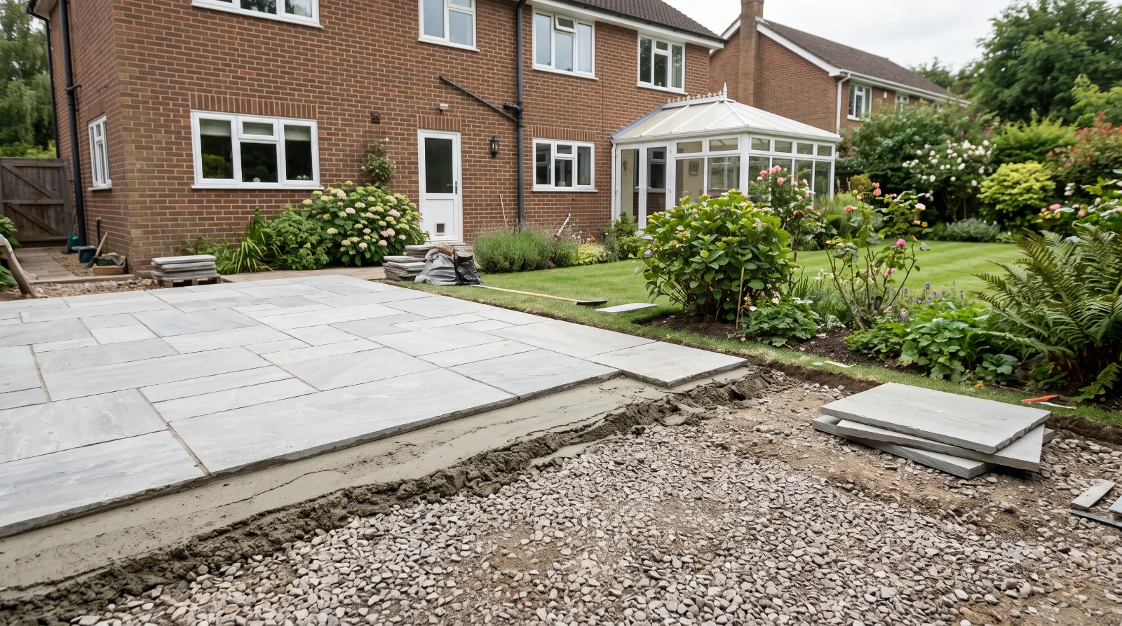 A partially built patio showing laid stone slabs alongside the exposed mortar and aggregate sub-base.