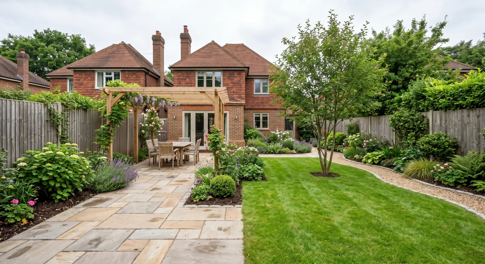 A landscaped suburban garden featuring a stone patio with a wooden pergola, a fresh green lawn, structured plant borders, and a traditional red-brick house.