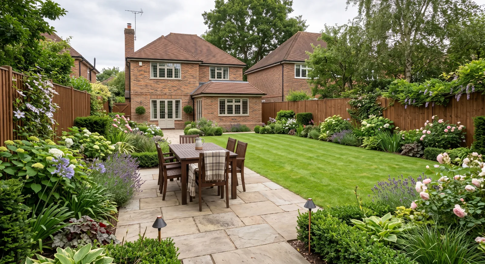 A manicured English garden featuring a patio with a wooden dining set, vibrant flower borders, a central lawn, and brick houses.