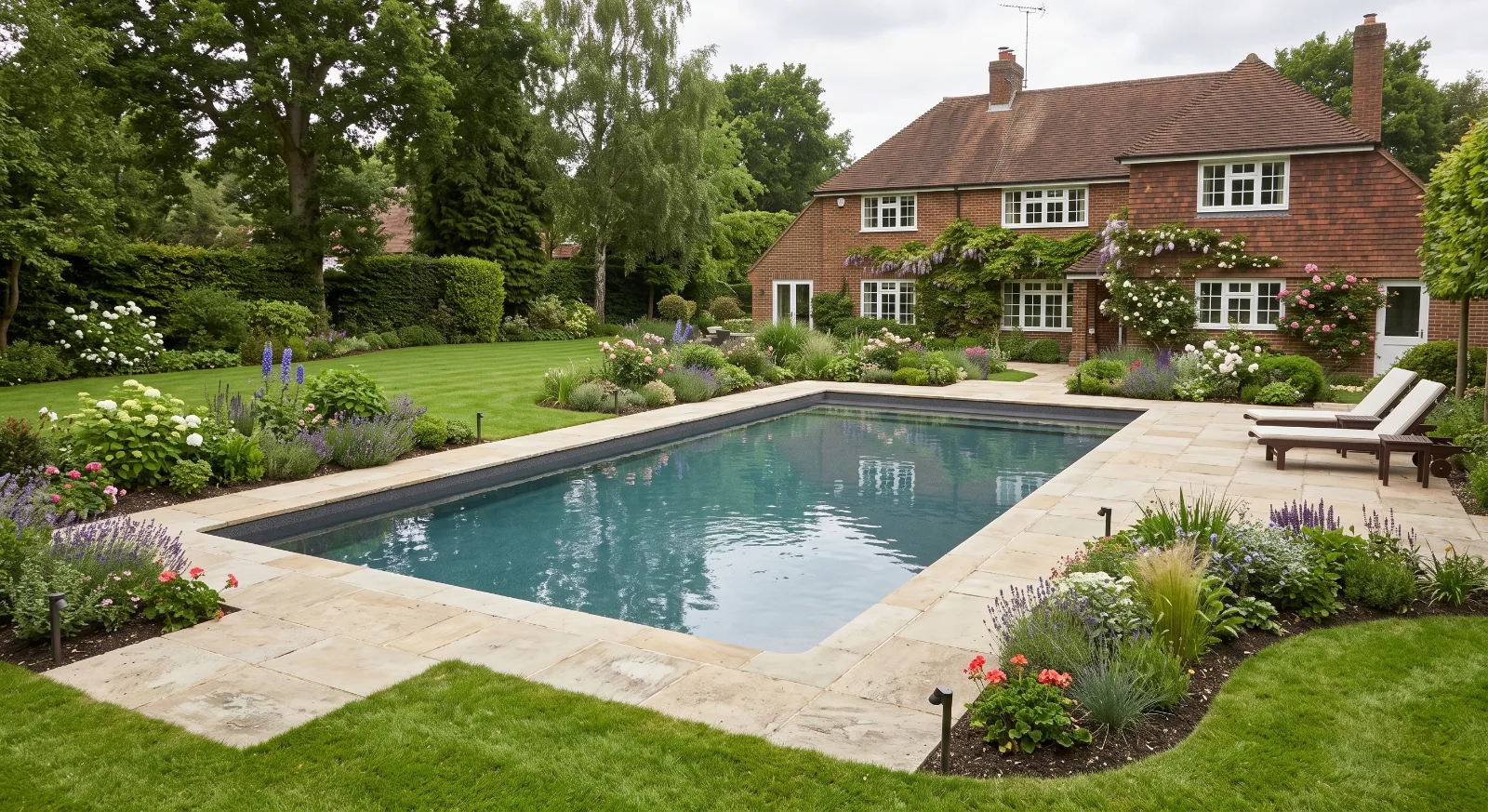 Lush English garden with a rectangular swimming pool, manicured lawn, and traditional brick house in the background.