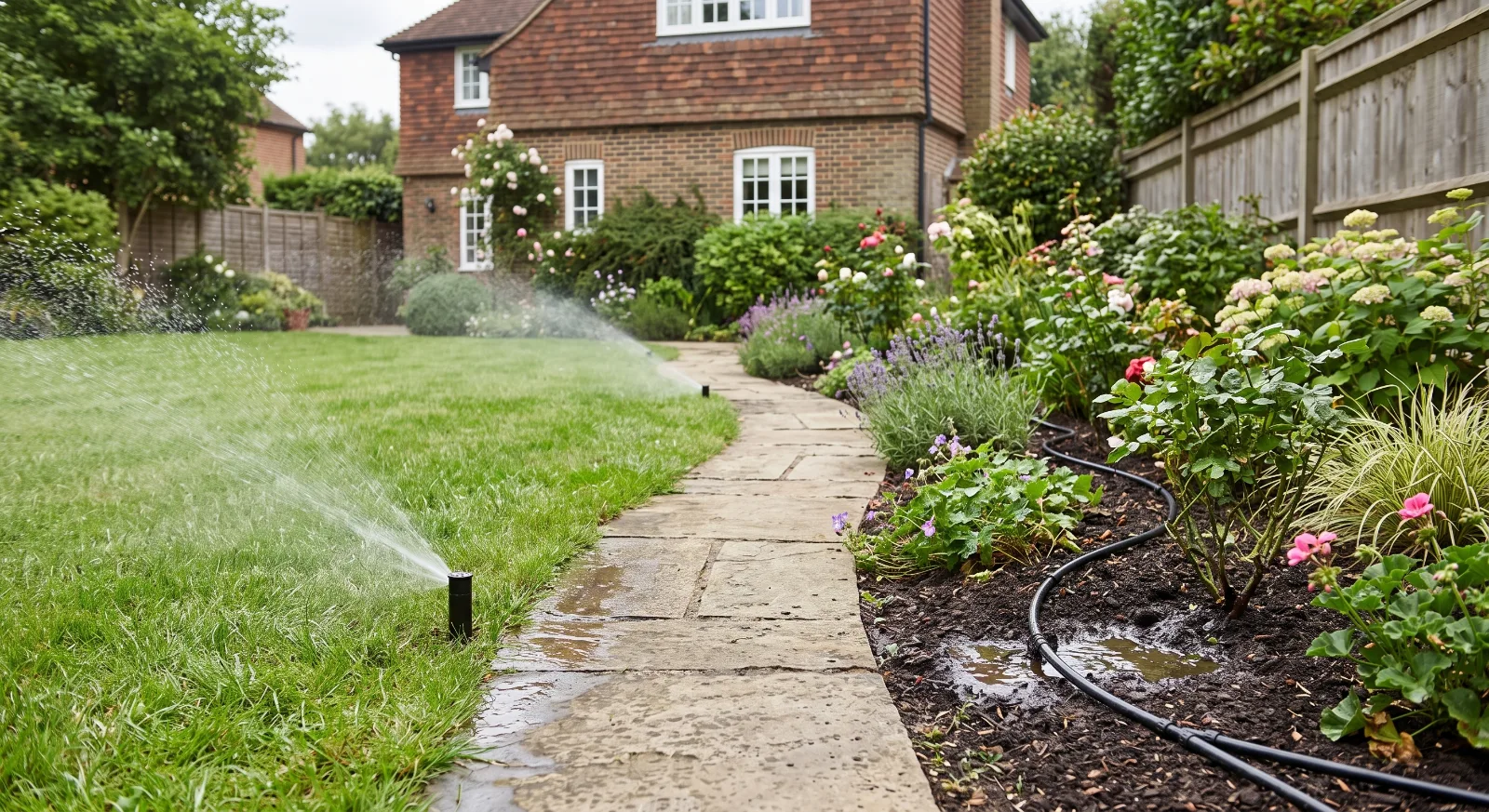 Drip irrigation and sprinkler system in a Surrey garden