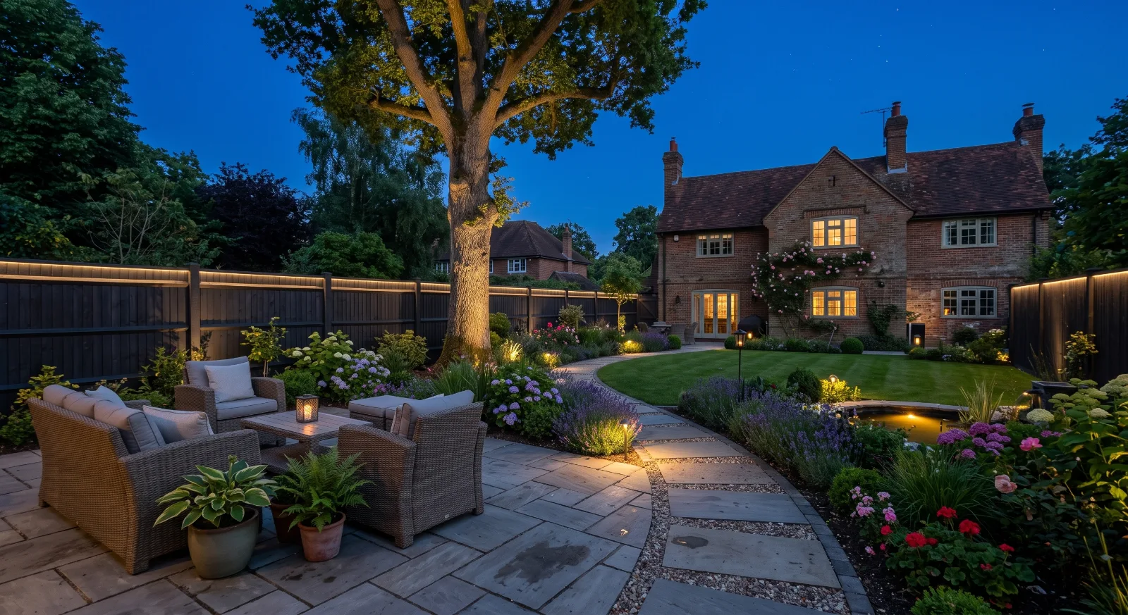 Professional garden lighting in a landscaped Surrey garden