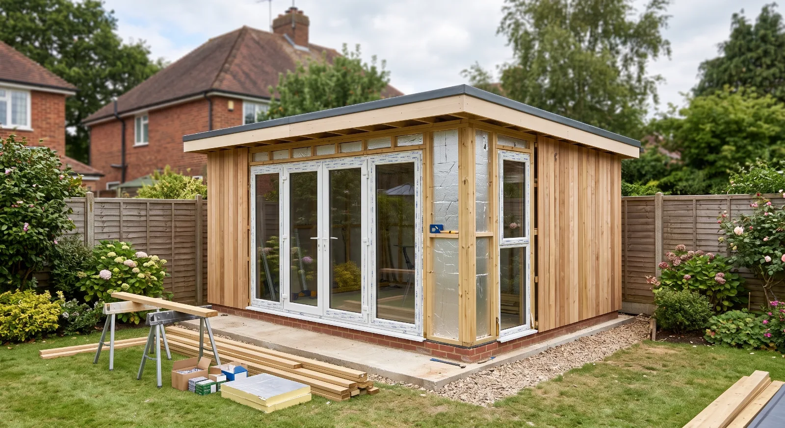 Garden room being built in a Surrey garden