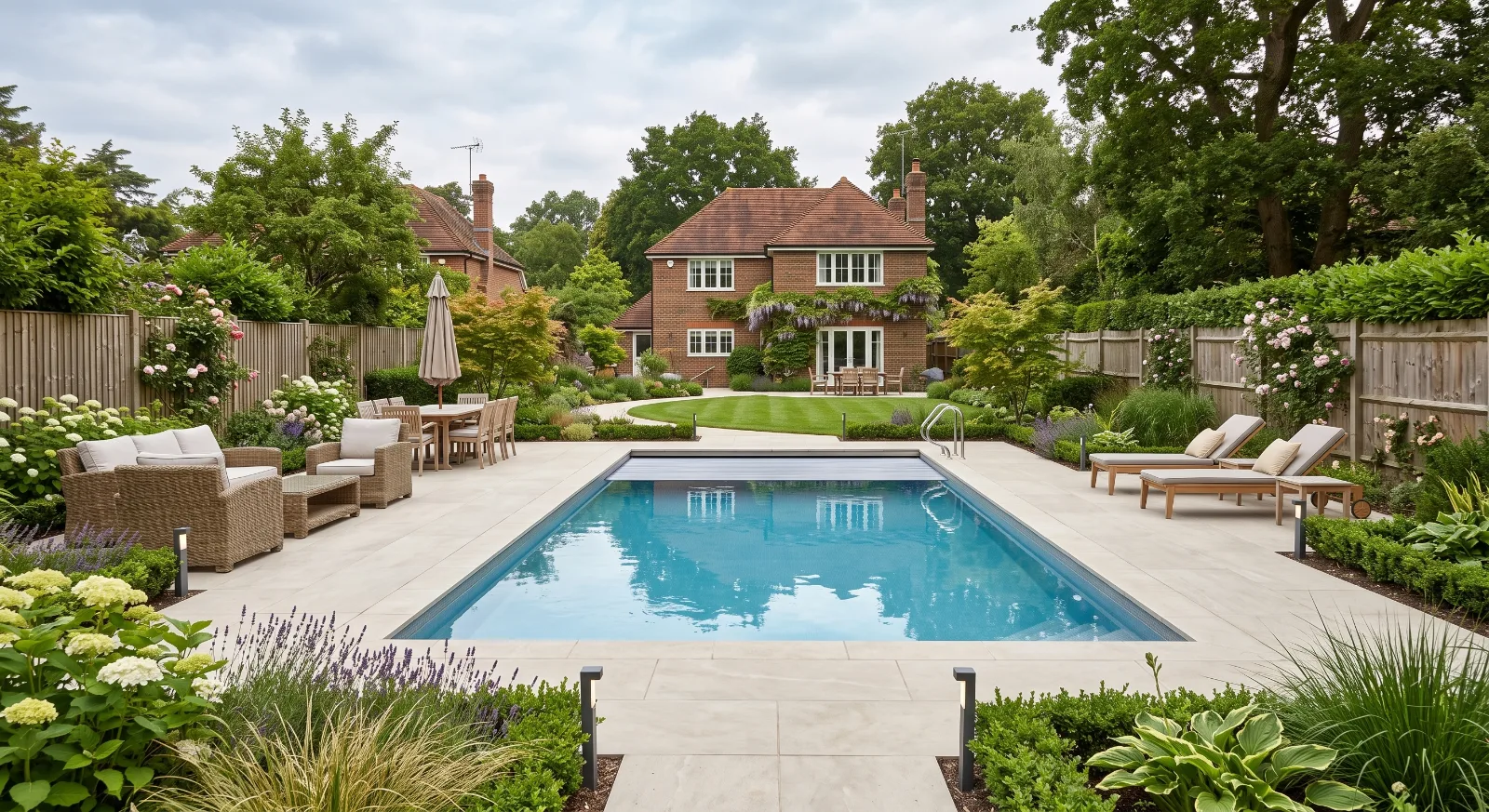 Swimming pool in a landscaped Surrey garden